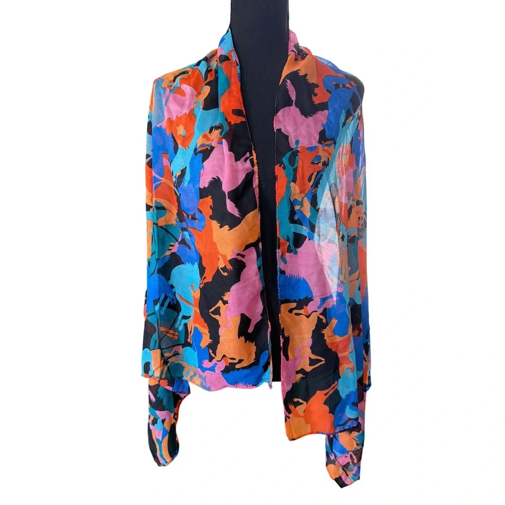 Vibrant Horse Print Scarf Equestrian Multi Color Sheer Lightweight Wrap